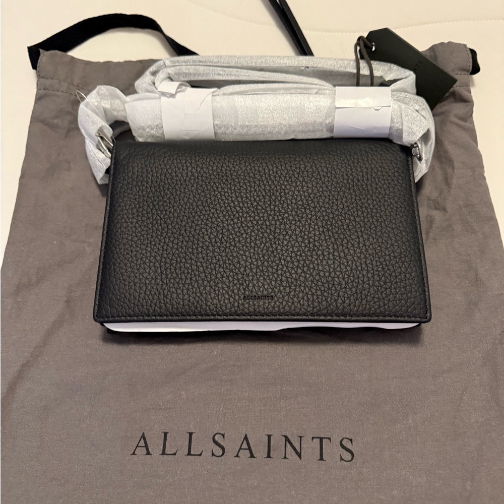 All Saints Black Pebbled Leather Crossbody Clutch Wallet on Chain WOC - NWT